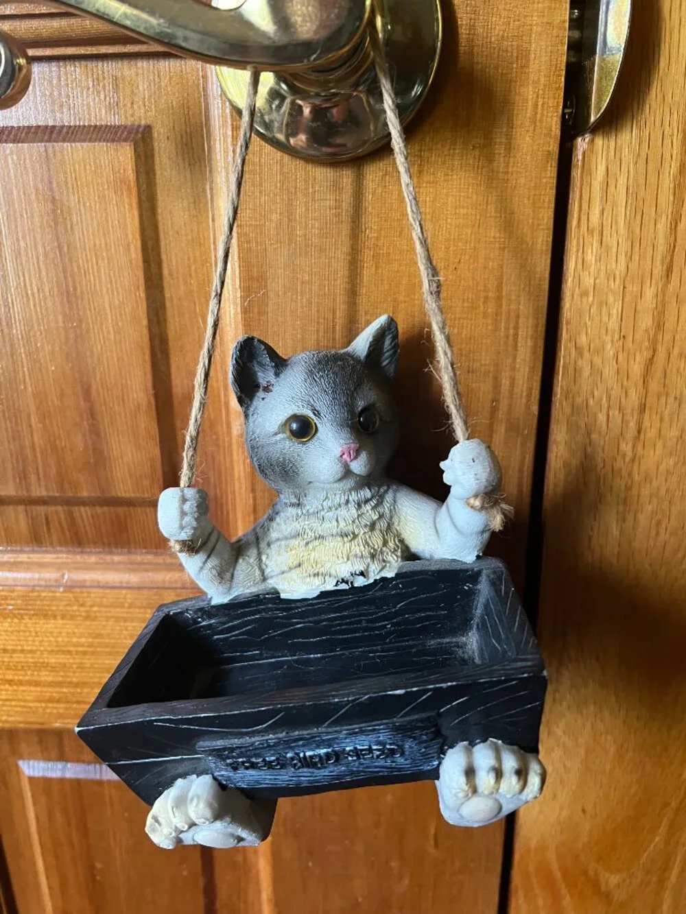 Vintage Gray Cat Birdfeeder Hanging or Shelf resin figurine 1990s